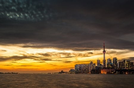 Sunset In Toronto - skyline, evening, splendor, city lights, reflection, view, Toronto, Canada, skyscrapers, lake, sky, clouds, water, beautiful, city, beauty, lovely, architecture, buildings, nature, sunset, lights, peaceful, building