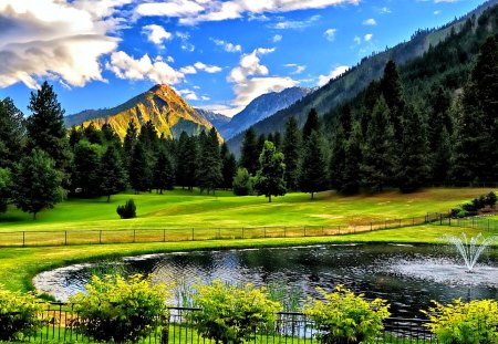 Landscape - splendor, landscape, grass, view, lake, sky, clouds, trees, water, beautiful, beauty, lovely, tree, nature, green, mountains, peaceful