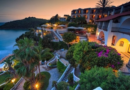 Beautiful Evening - lights, resort, beautiful, villa, hotel, architecture, view, nature, sunset, paradise, italy, lazio, evening, beauty, peaceful, sky, houses, clouds, lovely, splendor, house, sea