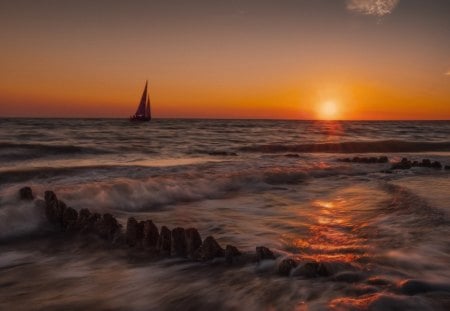 Sunset - sky, ocean, clouds, sailboat, sunset, sailing