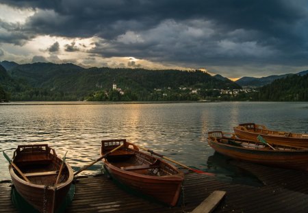 Landscape - sky, lake, landscape, boats, clouds, sunset