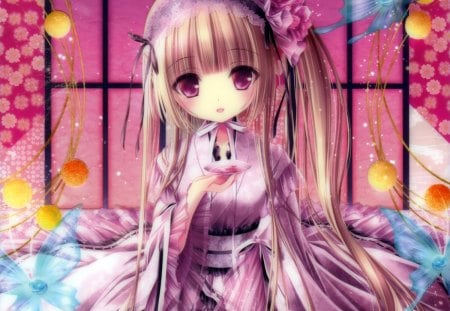 Sake - nice, beauty, female, wings, elegant, red eyes, gorgeous, pretty, anime, ribbon, kimono, sake, cute, girl, long hair, tea, lovely, butterfly, kawaii, floral, anim girl, pink, wing, beautiful, yukata, sweet, smile, happy, lolita, flower