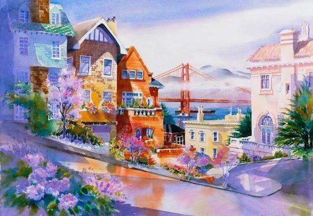 San Francisco - nice, sky, beautiuful, summer, lovely, serenity, san francisco, painting, reflection, america, river, city, streets, house, flowers, bridge