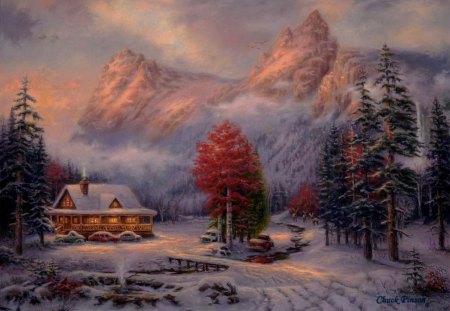 Snowed In - nice, cottage, sky, trees, peaceful, countryside, darkness, painting, snowed in, pretty, calmness, cold, house, frozen, snowy, ice, mountain, light, winter, lovely, serenity, village, frost, snow, beautiful, cabin