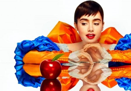 Lilly Collins - woman, princess, hollywood, beauty, mirror mirror, collins, movie, white, yellow, hand, orange, brunette, apple, actress, girl, fruit, lilly, red, blue, snow white, dress