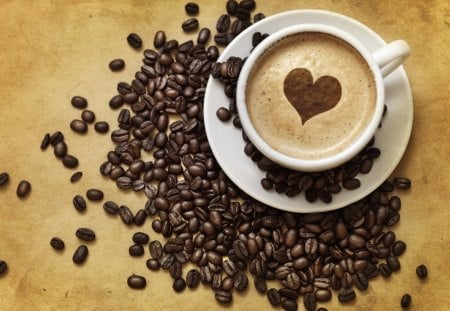 Morning Coffee With Love - coffee, heart, beans, still life, coffee beans, cup