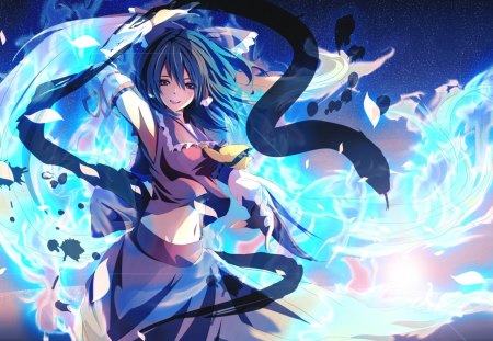 Blue - Manga, Blue hair, Reimu, Bows, Petal, Brown Hair, Anime, Blue, Hakurei, Morning sky, Girl, Hakurei Reimu, Touhou, Glow