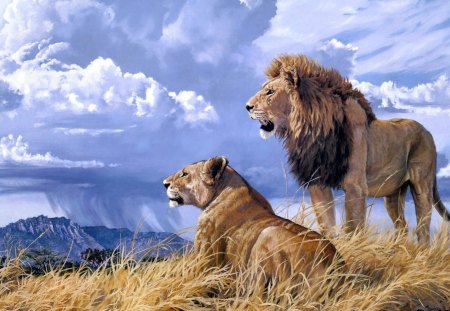 Lions on Top of a Hill. - wallpaper, animals, painting, lion, art