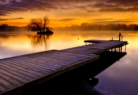 MORNING HAZE - morning, lake, dock, summer, haze