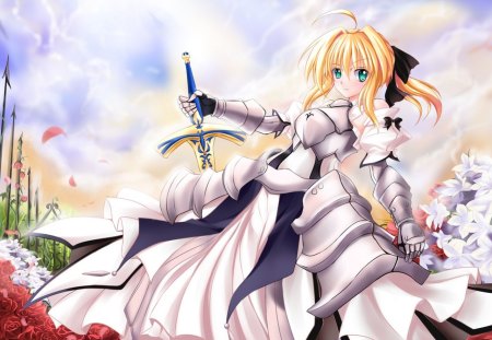 Saber - roses, pretty, female, scenery, blossom, scene, green eyes, armor, weapon, nice, gown, hot, sword, beauty, flower, petals, knight, blade, cute, own, floral, sexy, excalibur, saber, anime, dress, blonde, long hair, view, ribbon, sky, anime girl, beautiful, girl, scenic, blonde hair, lovely, sweet, rose, cloud, fate stay night