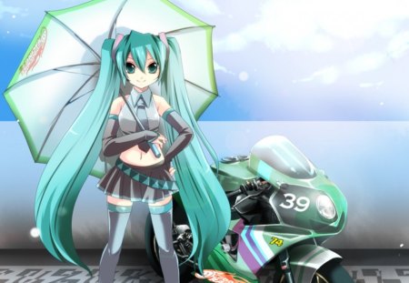 Hatsune Miku - miku, cute, happy, vocaloids, hot, anime girl, girl, umbrella, bike, superstar, singer, green hair, cloud, motorbike, twin tails, kawaii, vocaloid, anime, twintails, diva, sky, long hair, sexy, smile, female, idol, hatsune miku