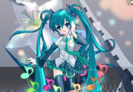 Hatsune Miku - mle, female, headphone, superstar, singer, anime girl, music notes, idol, anime, miku, cute, hatsune miku, girl, twintails, long hair, notes, vocaloids, green eyes, kawaii, floral, twin tails, vocaloid, blossom, sweet, smile, diva, green hair, happy, flower