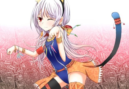 Nyan.... - anime, neko, anime girl, female, kawaii, girl, nekomimi, wink, tail, long hair, white hair, red eyes, neko mimi, cute