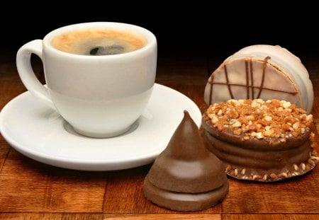 Coffee and chocolate  - sweets, coffee, photography, saucer, black, cup, white, abstract, chocolate