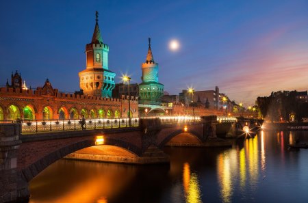 Sunset In Berlin - beauty, sky, peaceful, water, sunset, view, reflection, city lights, berlin, river, clouds, architecture, bridge, germany, building, lovely, buildings, nature, beautiful, splendor, city, lights