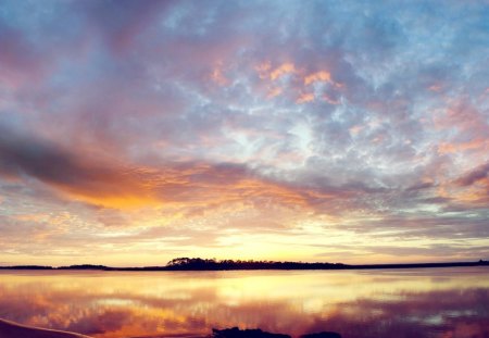 Sunset - sky, lake, reflection, clouds, sunset