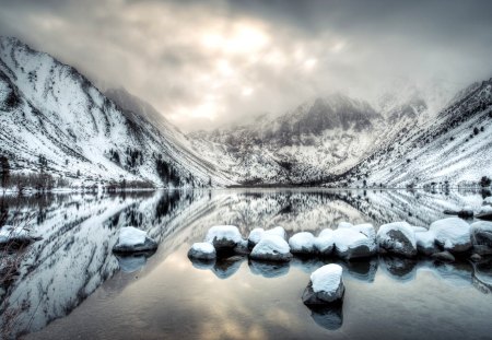 Winter - beauty, sky, peaceful, mountains, sunset, rocks, view, reflection, winter time, clouds, snowy, landscape, winter, lovely, nature, beautiful, snow, splendor, sunrise