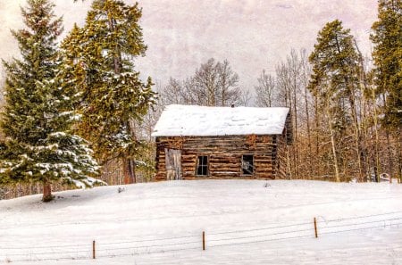 Winter - beauty, cottage, sky, trees, peaceful, mountains, view, winter time, tree, snowy, fence, landscape, logs, winter, lovely, nature, snow, beautiful, splendor, cabin