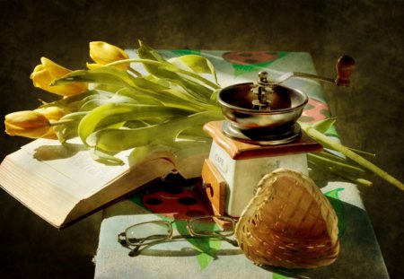 Still life - coffee grinder, abstract, yellow, glasses, photography, tulips, book, still life