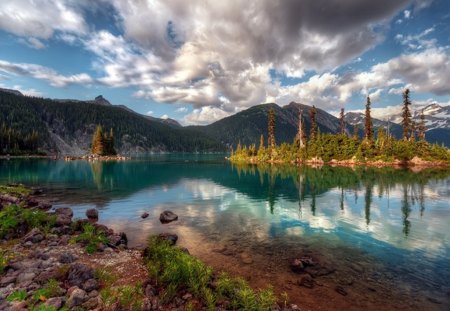 Lake - lake, mountain, forest, cloud, emerald, clear