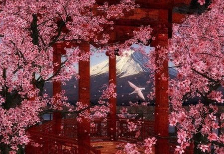 Mountain view - beautiful pink flowers, sky, mountain, trees, peaks, slopes, nature, view, balcony, house, snowy, birds