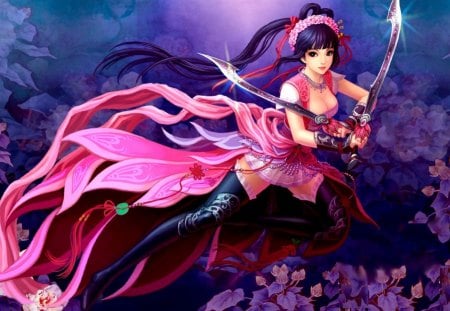 Princess of swords - sword, flower, purple, pink, beauty, anime, brunette, girl, blue, fantasy, bloom, princess, woman