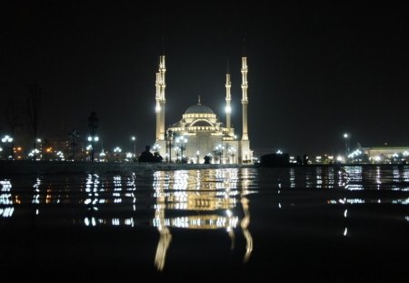 Mosque at night - water, tower, Turkey, night, religious, black, fantasy, Sofia, lights, mosque, country