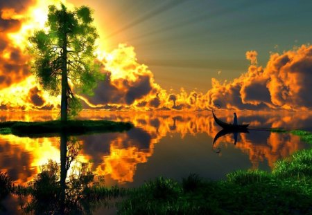 Glowing sunset - nice, sky, sundown, sun, water, sunset, shine, reflection, pretty, river, boat, lake, sunlight, light, lovely, nature, glow, beautiful, sunrise