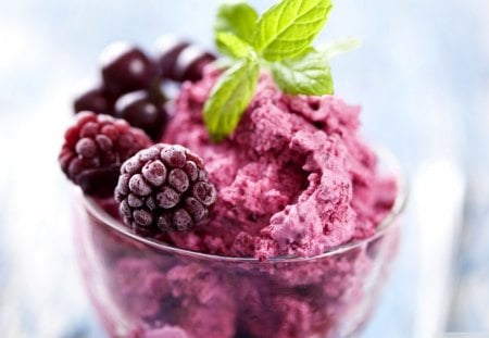 Sweet Raspberry Delight - cherries, sprig, peppermint, sweet, ice cream, frozen, green, raspberry, fruit, yummy, mind, cold, dessert, glass