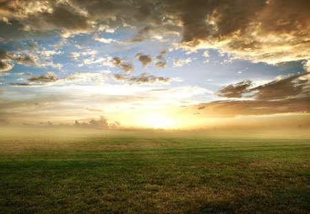 Beautiful sunrise in the field - sky, fields, sun, grass