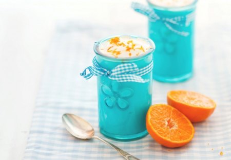 *** Dessert in a blue glass *** - glass, blue, dessert, food, oranges