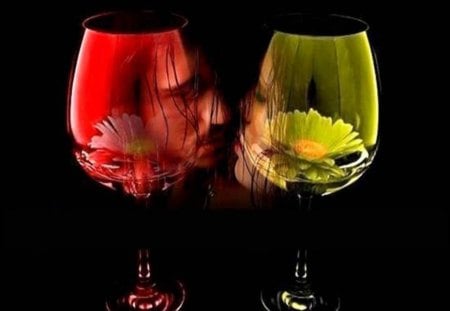 Colored Glasses - love, male and female face, glasses, red, photography, green, color, flowers