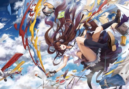 Let Your Imagination Soar - imagination, falling, paint, anime, girl, sky, objects, airplane, clouds