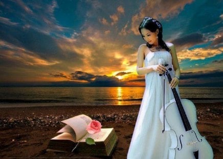 Woman With Violin - water, book, violin, beautiful, sea beach, happy, pink rose, white long dress, woman