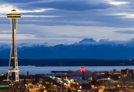 city light - city, tower, water, mountain