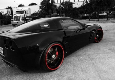 black and white corvette z06 - red trim, black and white, car, parking