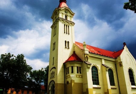 lovely yellow church - tower, yellow, trees, church