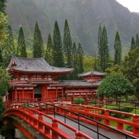 red bridge at japanese temple