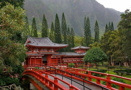 red bridge at japanese temple - mountains, gardens, bridge, temple