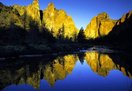 Beautiful landscape - hills, sparkling waters, mountains, beautiful scenery, beautiful colors, forest, yellow, blue, river, green, pine trees