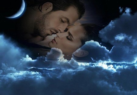 Romantic Night - love, moon, night, valentine, man and women, fantasy, eclipse, romantic, beautiful, clouds