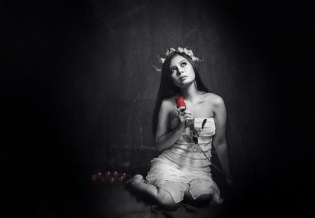 Waiting - waiting, red, rose, woman