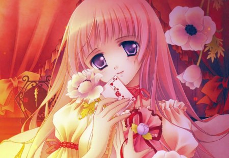 Love ♡ Letter - anime, kawaii, female, blossom, dress, love letter, long hair, purple eyes, ribbon, pink hair, gown, anime girl, girl, letter, lovely, love, sweet, flower, bloom, cute, floral