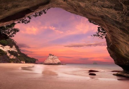 Beautiful view - beach, moss, beautiful view, rocks, green trees, tranquil landscape, white cliffs, clouds, grass, sea