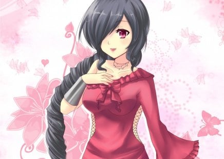 My Lady - anime, elegant, female, wing, blossom, pink, long hair, sublime, gorgeous, red, ribbon, abstract, anime girl, beautiful, hot, girl, beauty, lovely, sweet, flower, red eyes, wings, black hair, butterfly, cute, floral, sexy