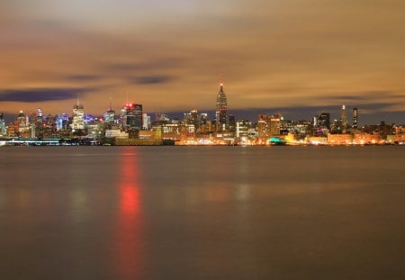 City Lights - sky, clouds, city, sunset, sea, skyscrapers, lights