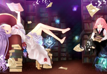 Magic Practice At The Library - witches, anime, library, magic, Koakuma, books, fantasy, Patchouli Knowledge, Touhou, spells