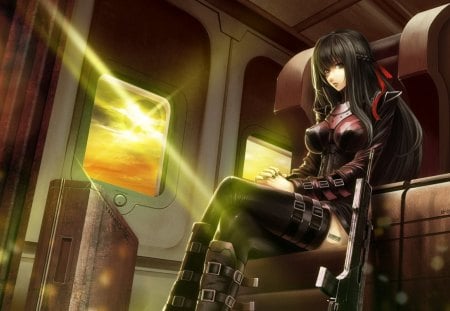 Delivery Mission - dark hair, sitting, gun, thigh highs, lone, brown eyes, female, girl, sun, assault rifle, anime girl, window, weapon