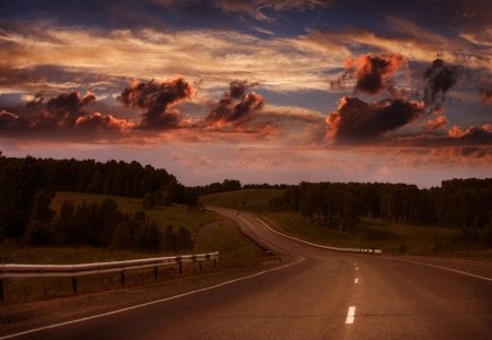 Sunset - road, clouds, sunset, sky