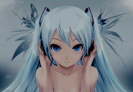 Hatsune Miku - pretty, headphone, anime, vocaloid, female, wing, blue, hatsune miku, light, long hair, nice, blue eyes, idol, abstract, twin tails, anime girl, twintails, beautiful, hot, singer, girl, beauty, sweet, blue eye, white, miku, diva, wings, cute, sexy, vocaloids